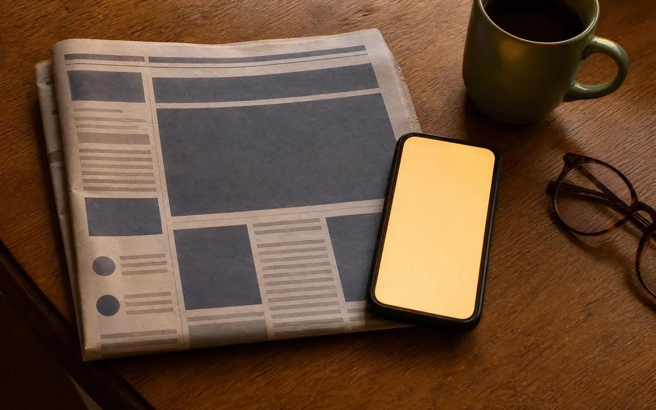 A folded newspaper page beside a glowing phone screen on a warm timber table.