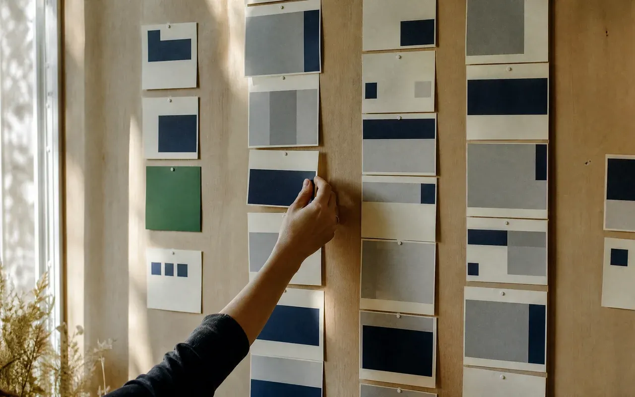 Printed cards being sorted by hand into columns on a studio pinboard, one column holding only two cards.