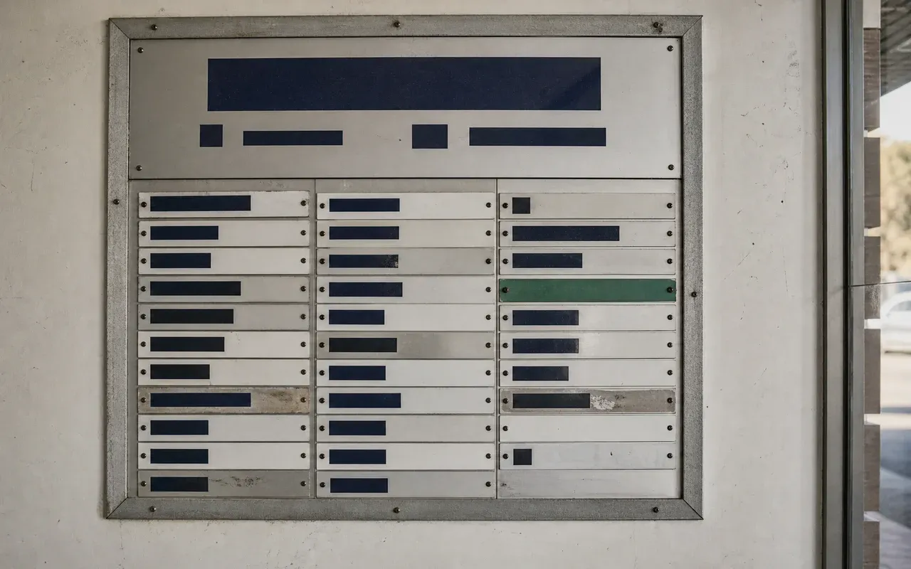 A tenancy directory board: one large panel above many smaller individual tenant strips.
