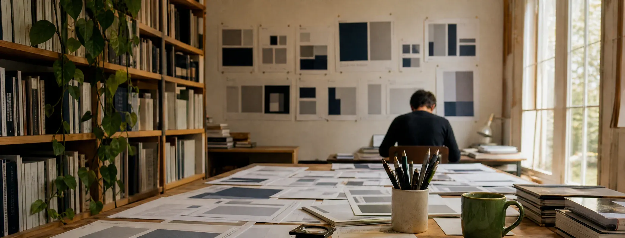 An independent publisher's workroom, page proofs laid out across a long timber table in afternoon light.