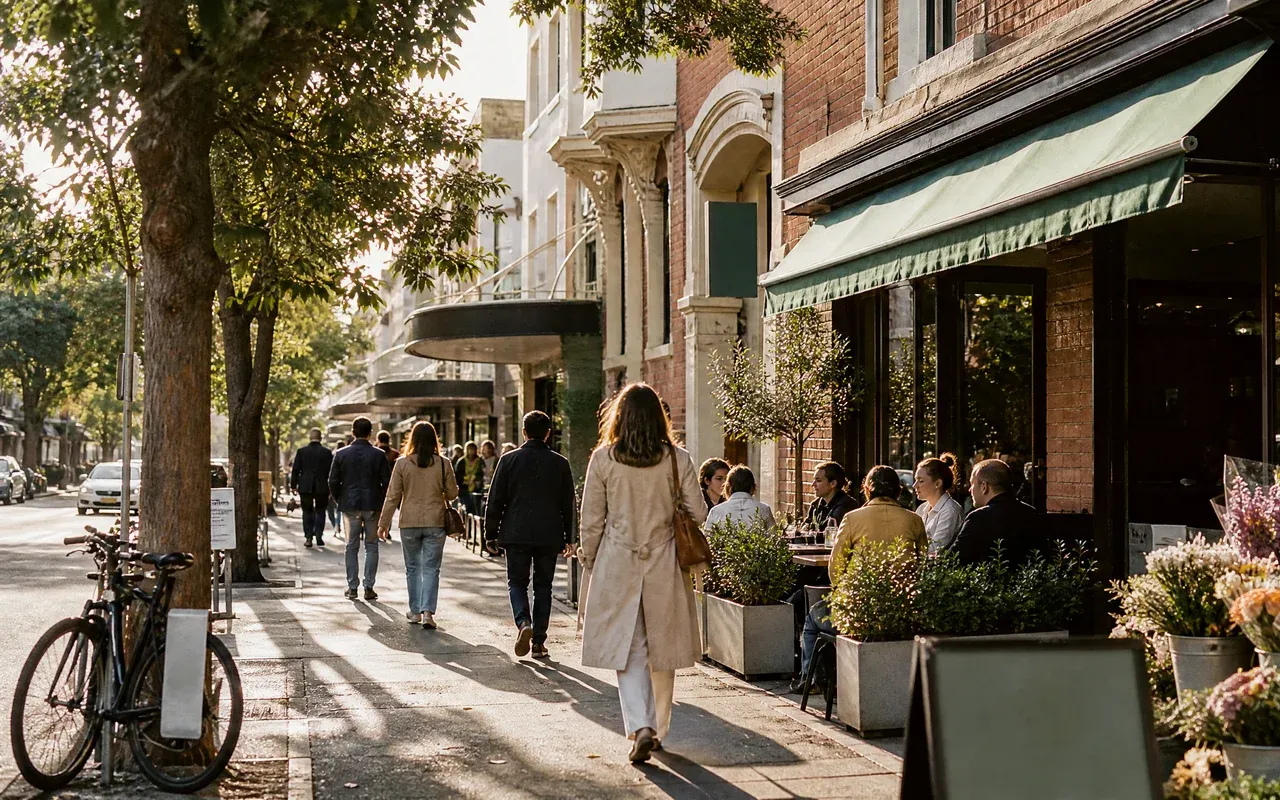 A busy local high street in warm morning light, cafe tables occupied and a florist trading on the footpath.