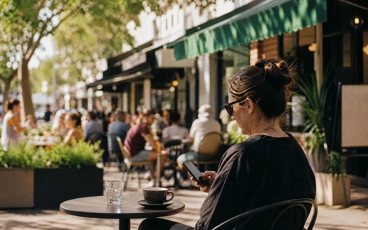 Someone glancing at their phone at an outdoor cafe table on a busy local high street.