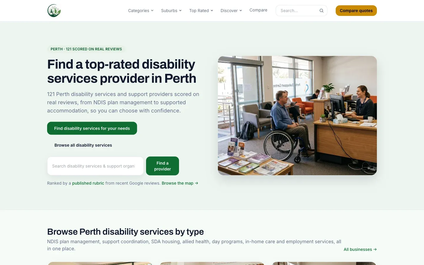 Perth Disability Connect homepage, showing a search for top-rated NDIS and disability services providers across Perth.