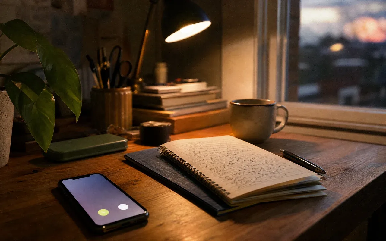 A notebook of handwritten figures beside a phone showing an incoming call on a lamp-lit desk at dusk.